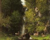 A Family of Deer in a Landscape with a Waterfall - 古斯塔夫·库尔贝